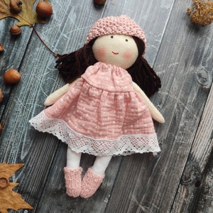 Handmade rag doll girl with dark brown hair Toddler cloth doll with name Textile doll with pink polka dot dress