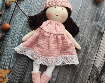 Handmade rag doll girl with dark brown hair Toddler cloth doll with name Textile doll with pink polka dot dress