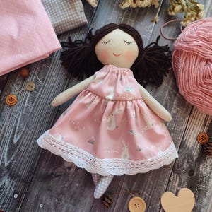 Personalised first doll for baby girl Handmade rag doll with ponytails Textile toddler doll with dress