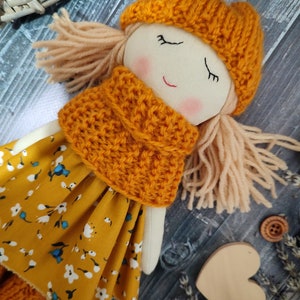 Handmade fabric doll girl Autumn rag doll Textile first doll Cloth doll with blond hair Soft doll with sleeping eyes Granddaughter gift image 4