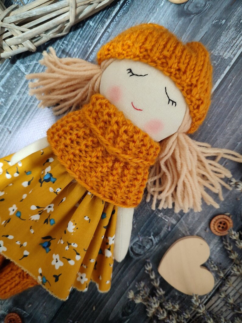 Handmade fabric doll girl Autumn rag doll Textile first doll Cloth doll with blond hair Soft doll with sleeping eyes Granddaughter gift image 4