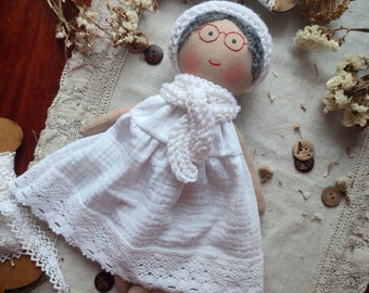 Heirloom grandmother doll handmade Fabric doll personalized Rag doll grandmother Textile doll with gray hair