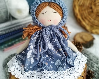 First doll baby bonnet handmade Fabric doll personalized Rag doll girl Soft doll for baby Textile doll brown hair Heirloom doll First doll
