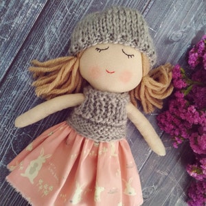 Cloth doll girl with clothes Textile first doll handmade Rag doll with biege hair Fabric soft doll Birthday granddaughter gift Eco friendly