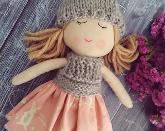 Cloth doll girl with clothes Textile first doll handmade Rag doll with biege hair Fabric soft doll Birthday granddaughter gift Eco friendly