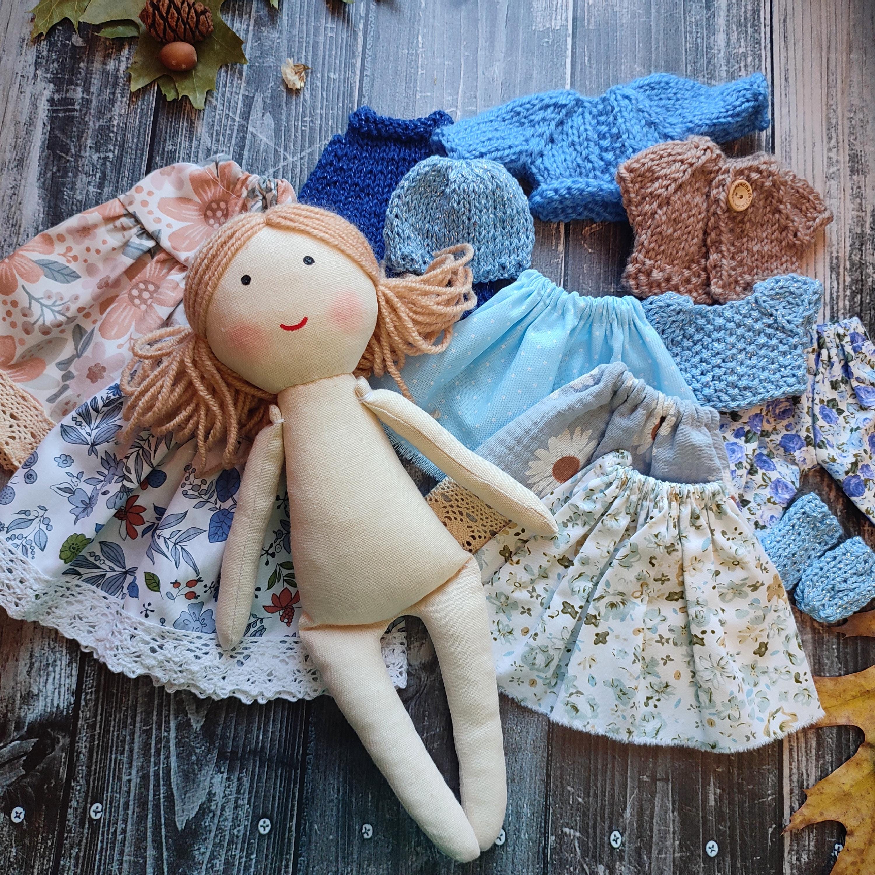Handmade rag doll girl with clothes  Dolls outfit set with fabric doll Textile doll with wardrobe Clothes for doll play set