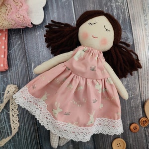 Personalised first doll for baby girl Handmade rag doll with ponytails Textile doll with dress image 3