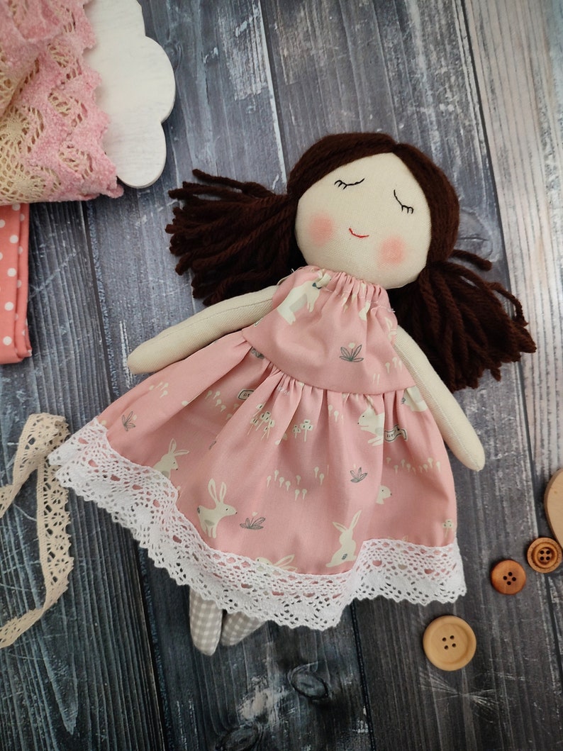 Personalised first doll for baby girl Handmade rag doll with ponytails Textile doll with dress image 3