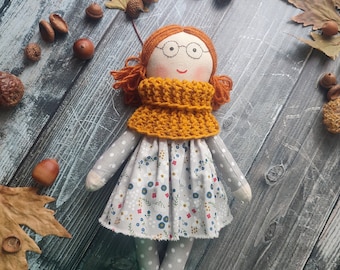 Rag doll girl with glasses Handmade doll fabric for toddlers Cloth doll girl with red hair