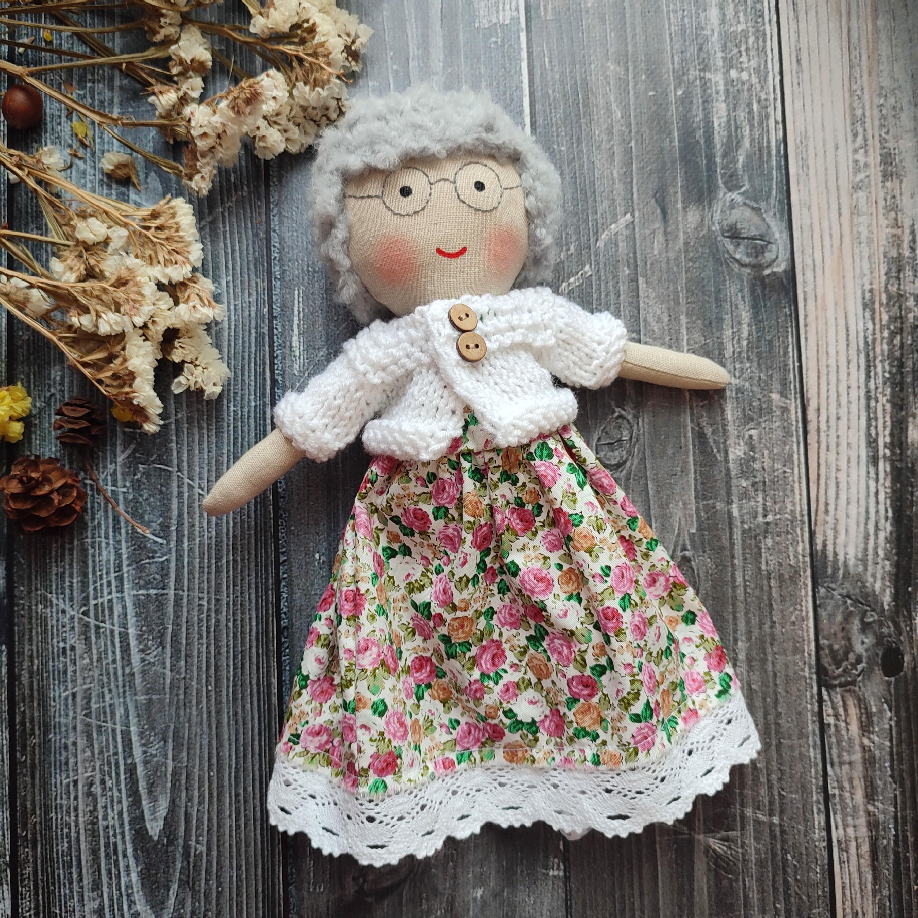 Grandmother Rag Doll Handmade, Heirloom Granny Doll Fabric, Cloth