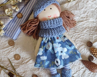 Fabric doll girl with blue clothes Textile first doll handmade Rag doll with brown hair Fabric soft doll Granddaughter gift