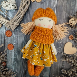 Handmade fabric doll girl Autumn rag doll Textile first doll Cloth doll with blond hair Soft doll with sleeping eyes Granddaughter gift image 2