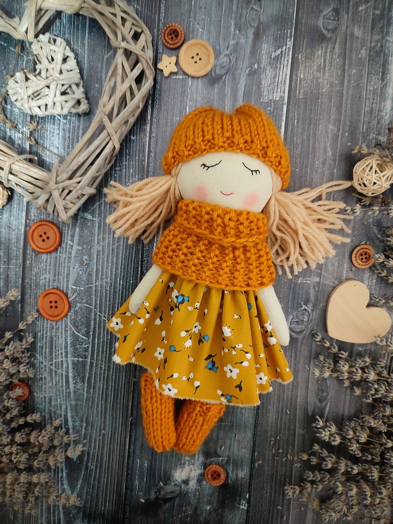Handmade fabric doll girl Autumn rag doll Textile first doll Cloth doll with blond hair Soft doll with sleeping eyes Granddaughter gift image 2