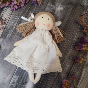 Personalized rag doll with white dress Flower girl doll gift First communion fabric doll Baptism cloth doll handmade image 10