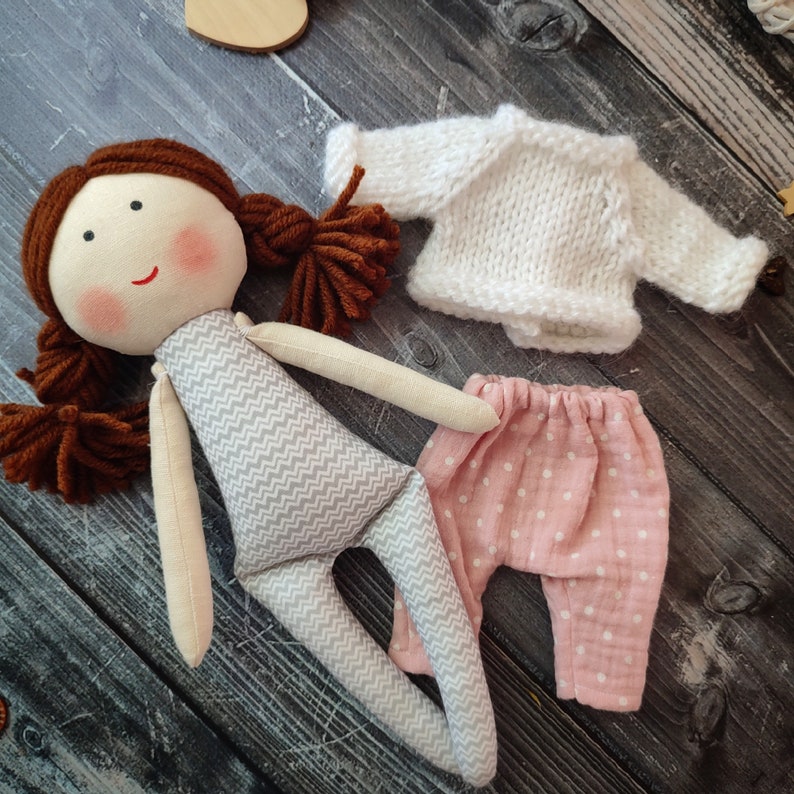 Handmade rag doll girl with knitted sweater and cotton pants Christmas gift doll for granddaughter Little girl doll personalized image 3