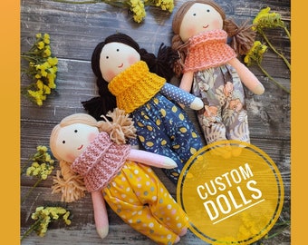 Made to order personalized doll Custom rag doll girl with wide scarf and trouser Baby's first doll Toddler gift Custom soft doll baby