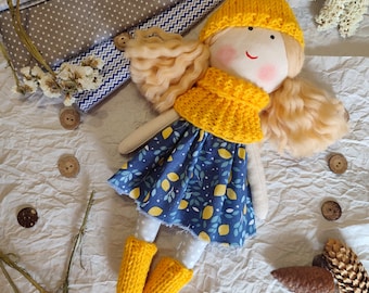 Blonde wavy hair rag doll personalized Handmade cloth doll for little girl doll