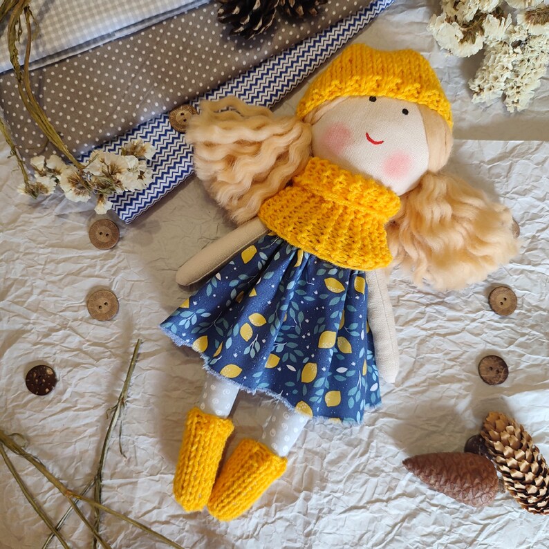 Blonde wavy hair rag doll personalized Handmade cloth doll for little girl doll image 1
