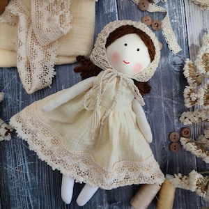 Cloth doll baby bonnet Fabric doll personalized Rag doll girl Soft doll for baby Flower girl doll Textile doll First doll