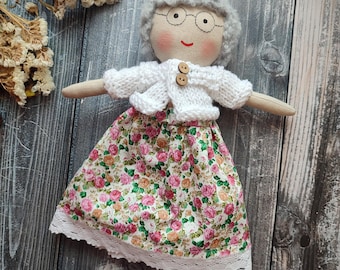 Grandmother Rag Doll Handmade, Heirloom Granny Doll Fabric, Cloth