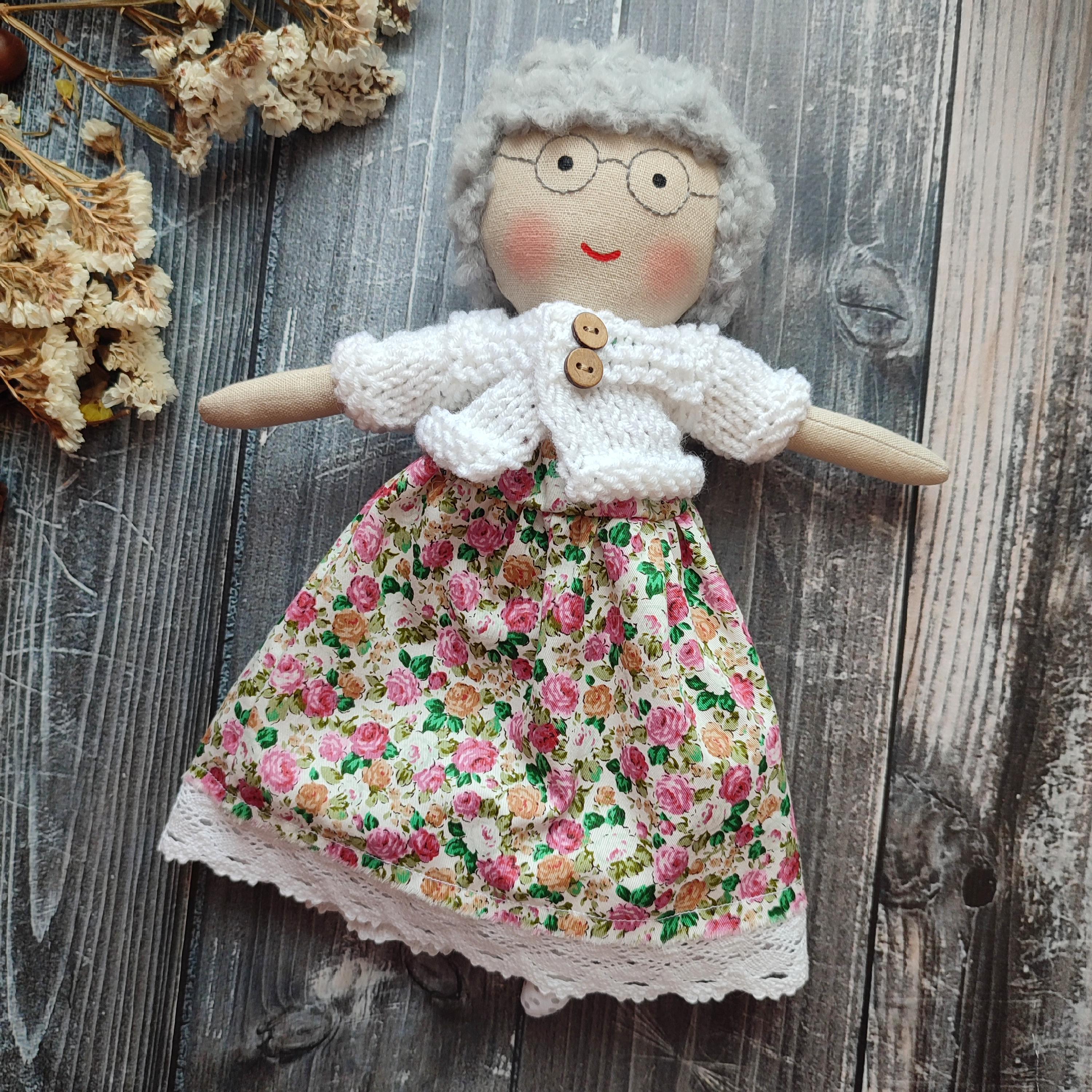 Grandmother Rag Doll Handmade, Heirloom Granny Doll Fabric, Cloth