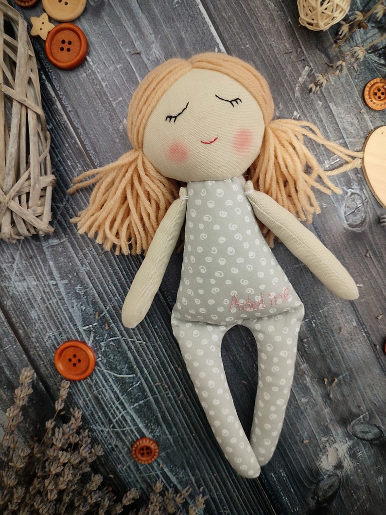 Handmade fabric doll girl Autumn rag doll Textile first doll Cloth doll with blond hair Soft doll with sleeping eyes Granddaughter gift image 7