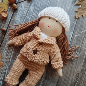 Custom made rag doll girl with knitting clothes Personalised textile doll with pants, jacket, top, hat and socks Early childhood toy doll image 4
