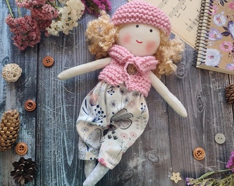 Christmas gift doll for little girls Handmade rag doll girl with pants and knit vest and hat