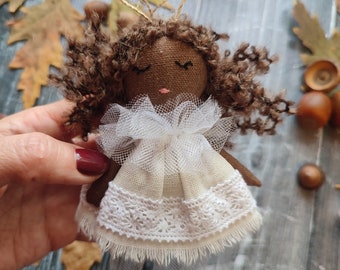 Christmas angel doll black skin Christmas tree ornament Tiny doll for dollhouse Baptism doll angel