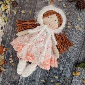 Textile doll with white dress and baby's bonnet Handmade rag doll for little girls First birthday gift to granddaughter