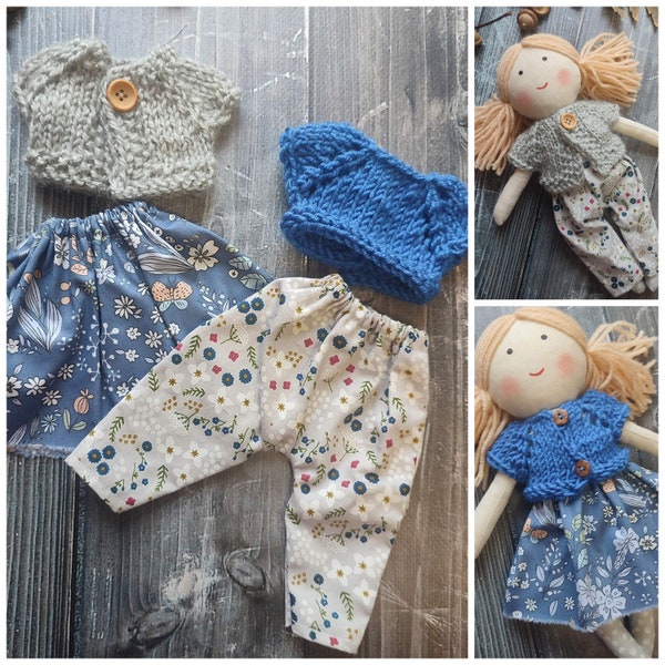 Handmade clothes for doll 12 inches Outfit doll's Fabric skirt and pants, knitting top and jacket Accessories for doll