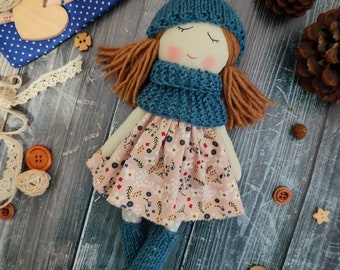 Handmade rag doll girl with  removable clothes Textile first doll Cloth doll with brown hair Fabric soft doll Granddaughter Christmas gift