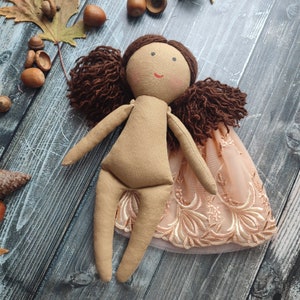 Biracial flower girl doll in beige lace dress Dark skin rag doll for toddlers Black cloth doll girl Asian first baby doll handmade image 3