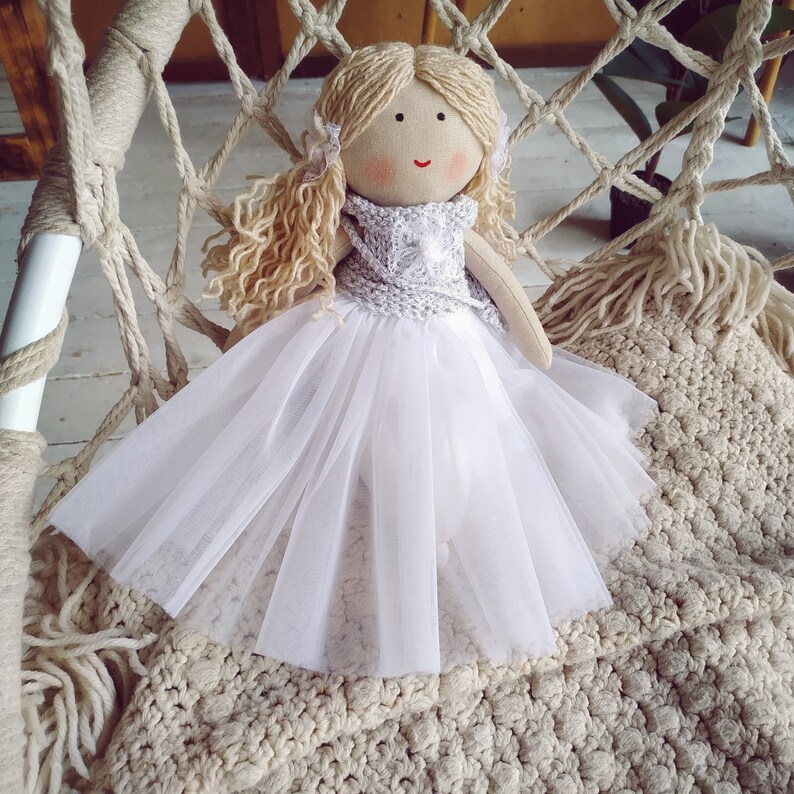 Custom beautiful rag doll 12 inch with tule dress Flower girl doll gift First communion doll fabric Princess rag doll image 9
