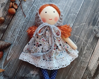 First rag doll with baby bonnet handmade Fabric toddler girl doll 12" personalized Christmas first doll