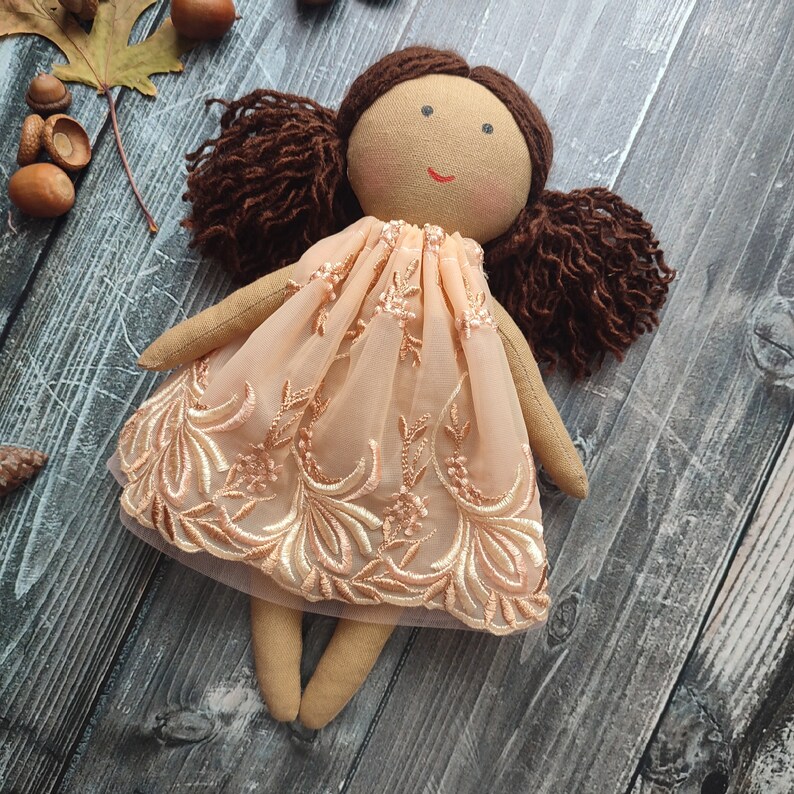 Biracial flower girl doll in beige lace dress Dark skin rag doll for toddlers Black cloth doll girl Asian first baby doll handmade image 2