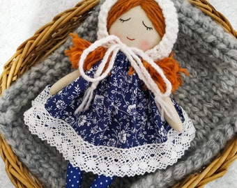 First doll baby bonnet Cloth doll with red hair Fabric doll personalized Rag doll girl Soft doll for baby Heirloom doll