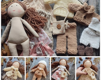 Handmade rag doll girl with clothes Personalised cloth doll with wardrobe Dolls outfit set with fabric doll