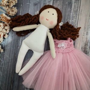 Custom beautiful rag doll 12 inch with tule dress Flower girl doll gift First communion doll fabric Princess rag doll image 5