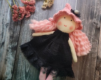 Halloween rag doll handmade, Witch cloth doll with pink hair, Fall season doll with pink witch hat