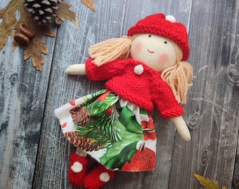 Handmade Christmas gnome doll 12 inches Christmas rag doll girl with red sweater, hat, socks and skirt Winter holiday cloth doll