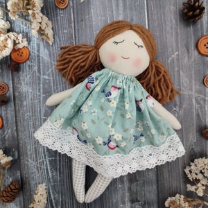 Personalised rag doll for baby girl, First soft doll handmade, Cute fabric doll girl with baby's bonnet, dress and socks image 3