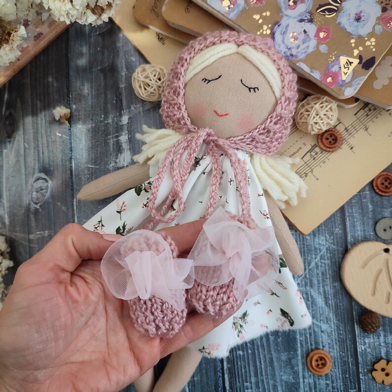 Cute baby's first Christmas gift doll, Handmade fabric doll personalized, Rag doll girl with dress, bonnet and socks image 4