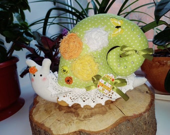 Textile snail toy handmade Green kitchen decor