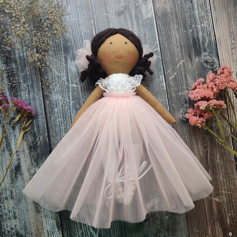 Flower girl doll black skin Ballerina brown skinned doll Princess dark skin doll African American proposal doll Dancing Girl Latino rag doll image 1