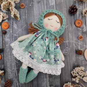 Personalised rag doll for baby girl, First soft doll handmade, Cute fabric doll girl with baby's bonnet, dress and socks image 6