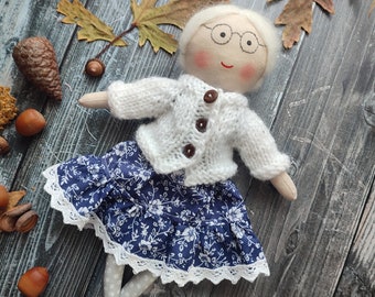 Grandmother rag doll handmade Heirloom granny doll fabric Cloth gramma doll with glasses