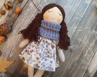 Personalised rag doll with long dark brown wavy hair Handmade toddler doll girl with sleeping eyes Cloth baby doll in blue