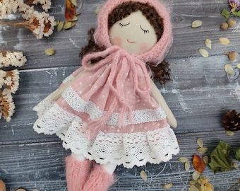 Personalised rag doll with curly brown hair for baby girl Handmade textile doll with pink dress Fabric toddler doll girl with baby's bonnet