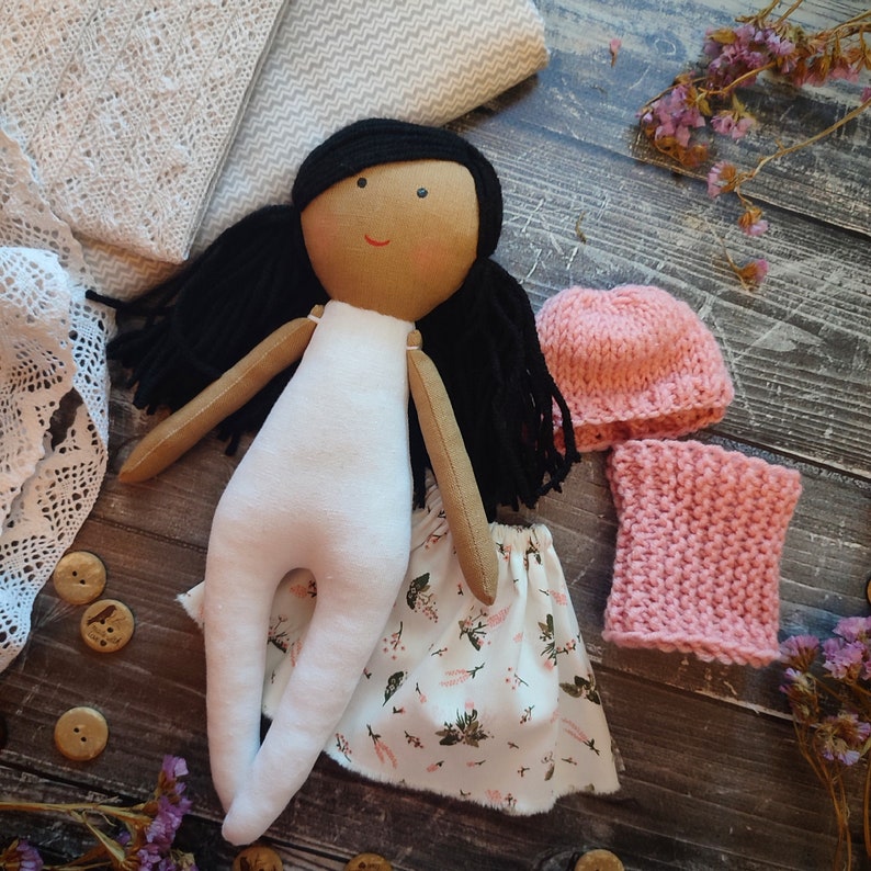 Multiracial rag doll girl handmade with removable clothes Asian cloth doll with long black hair Latino personalized soft doll image 4